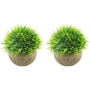 Mini Artificial Plants Set of 2 Faux Green Grass in Grey Pots for Home Office De